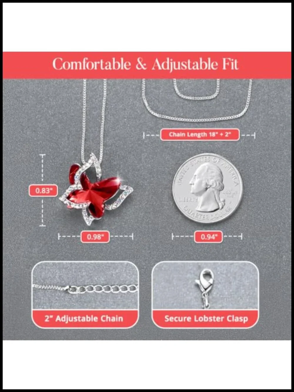 Silver Tone Butterfly Crystal Pendant Necklace with Extender
